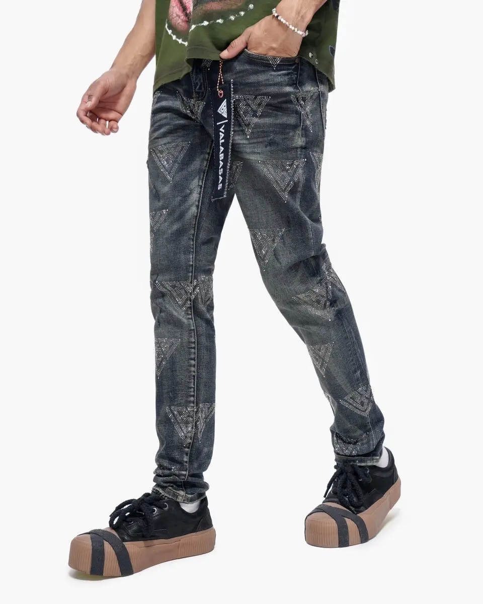 Men's Scatter Rhinestone Dark Dirty Blue Denim Jeans, Menswear with Spandex Stretch Fabric, Rhinestones