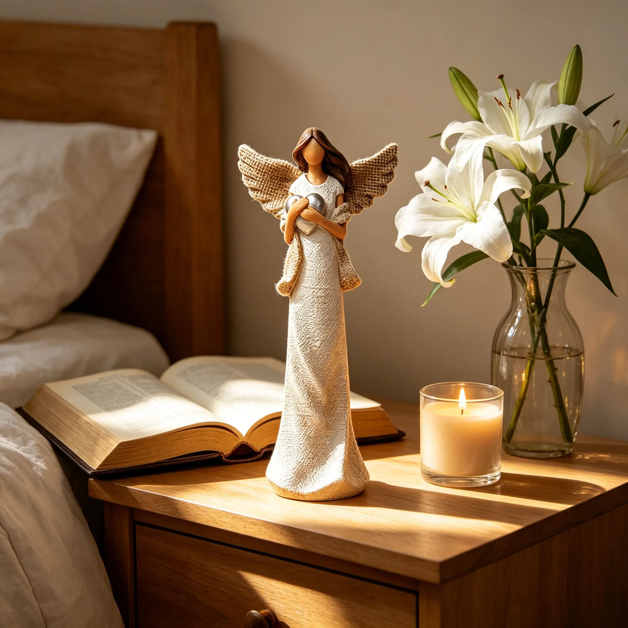 Sangeren Guardian Angel Figurine - 7.5in Hand-Painted Resin Sculpture Ornament, Heart-Holding Angel Statue, Bereavement Gift, Minimalist Boho Home Decor, Nightstand/Desk Accessory for Desk Setup Aesthetic