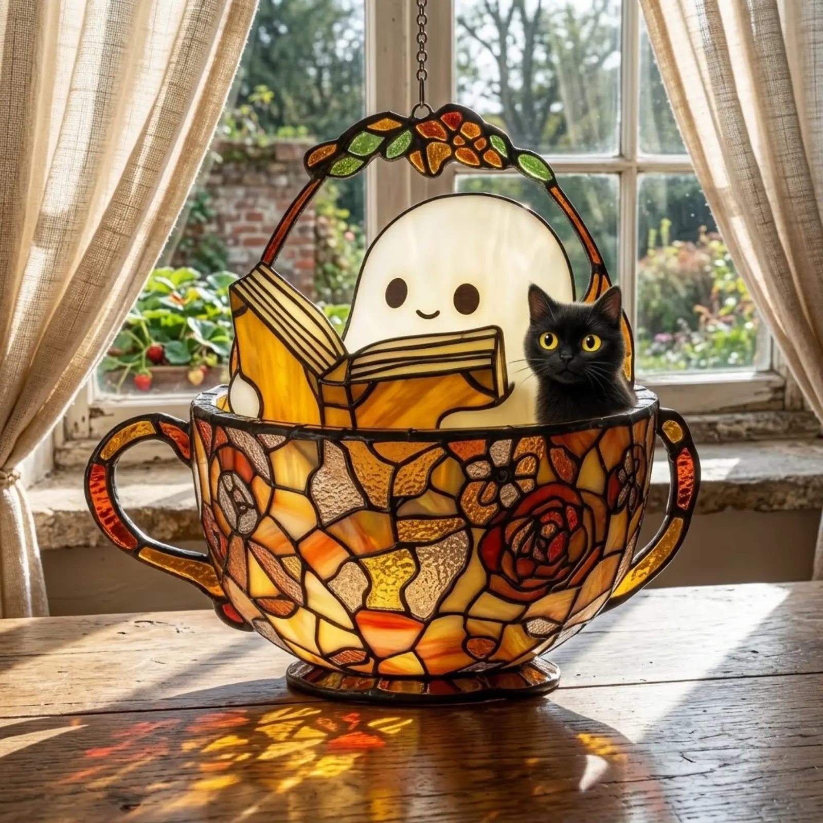 Cute Ghost Reading Book Suncatcher, Ghost And Black Cat in Teacup GLASS Suncatcher, Book Lover Ornament, Window Hanging Decor, Window Art, Colorful Stained Glass Kitchen, Funny Home Decor For Mom, Dad, Friends, Unique Surprise Meme Gift
