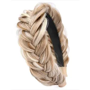 Women's Boho Wide Band Braided Weave Headband, High-Elastic Comfortable Elastic Headbands, All-Year Daily Wear & Makeup Hair Accessory (Sandy Gold)