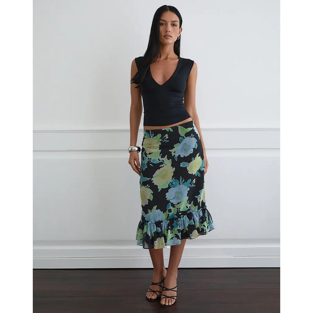 Tarla Midi Skirt in Black Chiffon with Crystal Flower Print