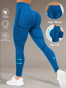 Women's Seamless Sporty Yoga High Waisted Leggings Pants, High Waist Elastic Waist, All Seasons, Plain Design, Tight-Fitting Long Pants, 1 Piece Set