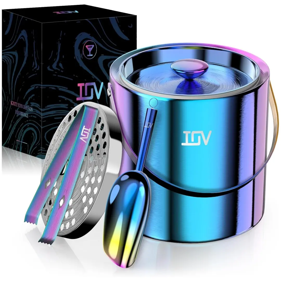 IOV Ice Bucket with Lid, Scoop, Tongs, and Strainer, 3L Stainless Steel Double Wall Insulated Ice Bucket for Parties, Keeps Ice Frozen Longer, Ideal for Cocktail Bars, Freezers, and Wine Utensils Rainbow  #Summervibes