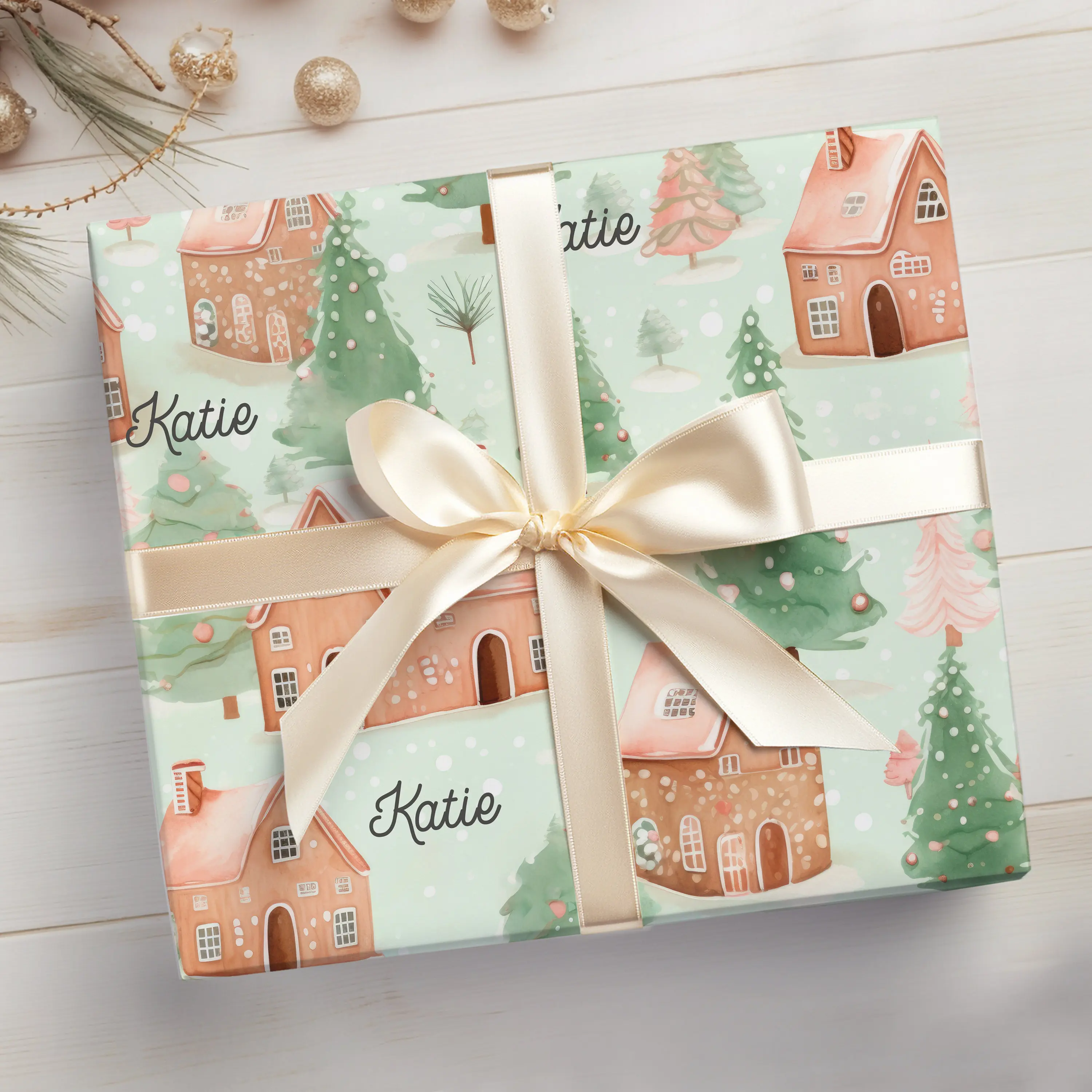 Customized Name Gingerbread House Wrapping Paper Roll, Pink Gingerbread House Wrapping Paper With Name, Custom Name Wrapping Paper