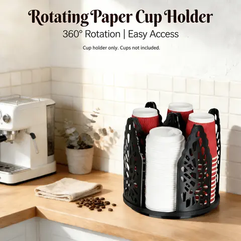 4-Layer 360° Rotation Hollow Plastic Cupholder with Compartments, Detachable Lid, 9.4x9.4x9.1 in, 20 Cups/Tier (80 Total), 16oz Capacity, Reinforced ABS, Kitchen Accessories for Countertops, Coffee Stations