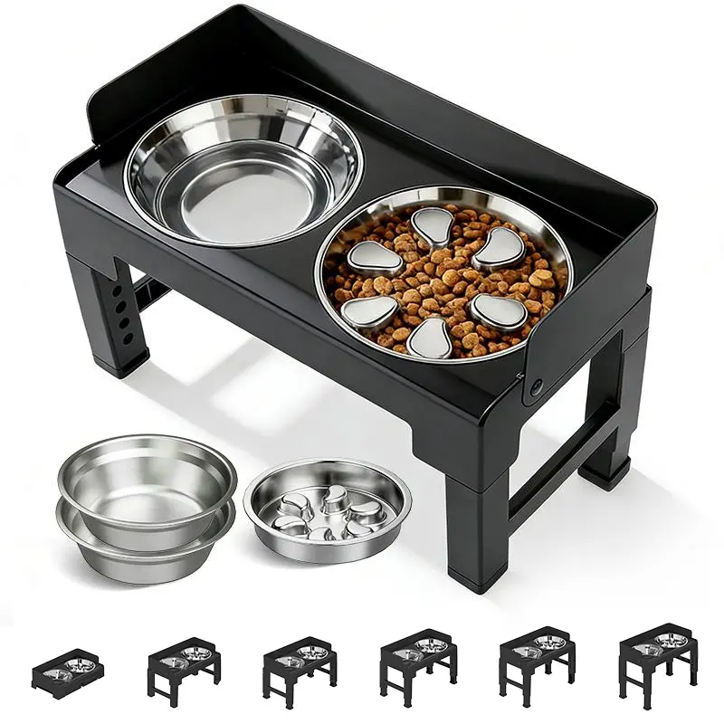 Elevated Dog Bowls with Splash Guard & Slow Feeder, Tiltable & Foldable Raised Stand, Includes 2 Stainless Steel Bowls & 1 Slow Feeder Bowl, 6 Height Adjustable Raised Bowl  (3.1"-11.8")