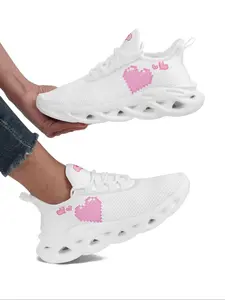 Women's Fashionable Heart Print Heart Design Lace Up Low Top Sneakers, Casual Comfortable Breathable Sports Running Shoes, Perfect Valentine's Day Gift