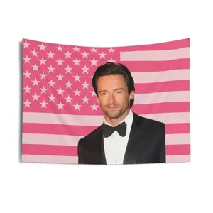 Hugh Jackman Pink American Flag Tapestry, aesthetic room decor, funny room decor, Hugh Jackman gift