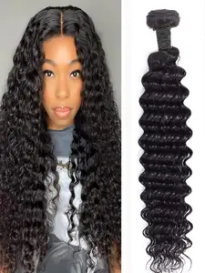 Deep Wave Bundles Human Hair Brazilian Virgin Human Hair Single Bundle 100% Unprocessed Deep Wave Bundles Double Weft Deep Curly Weave for Black Women Natural Black Water Wave Bundle