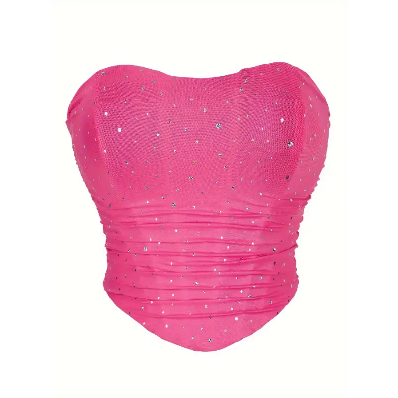 Women's Adult Strapless Glam Rhinestone Corset Bustier - Polyester Mesh Shapewear with Tummy Control, Lace-Up Back, Elastane Stretch, Compression