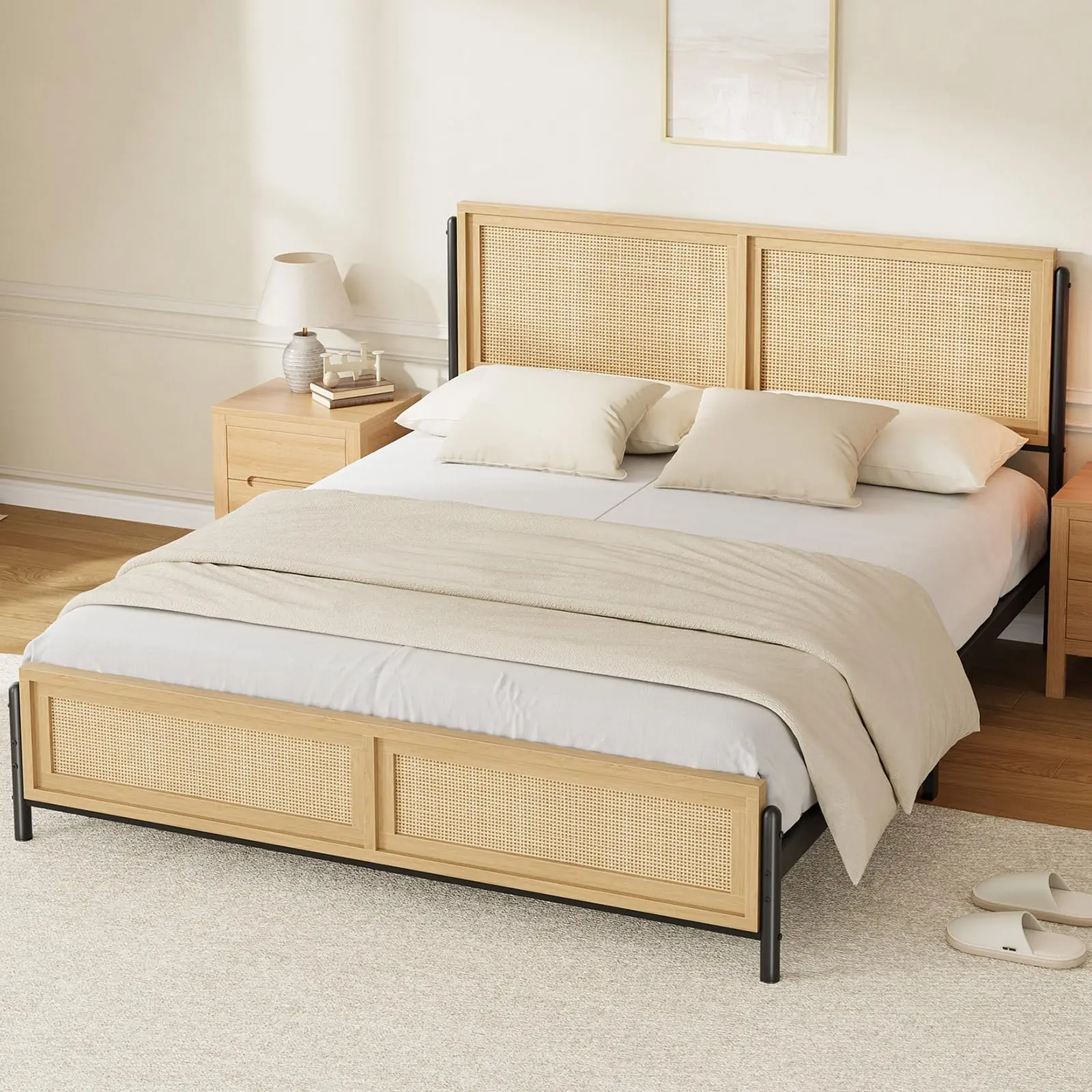 Garvee Natural Rattan Bed Frames in Full, Queen, and King Sizes Featuring Rattan Headboards and Footboards, Wooden or Metal Platform Designs, Noise-Free, Easy Assembly, No Box Spring Needed, Boho Style