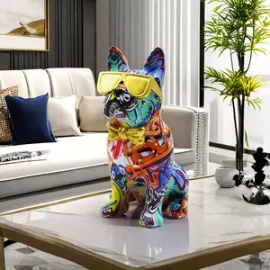 French Bulldog Statue with Glasses and Bow Tie, Colorful Resin Figurine, Modern Home and Office Decor, Fashion Gift