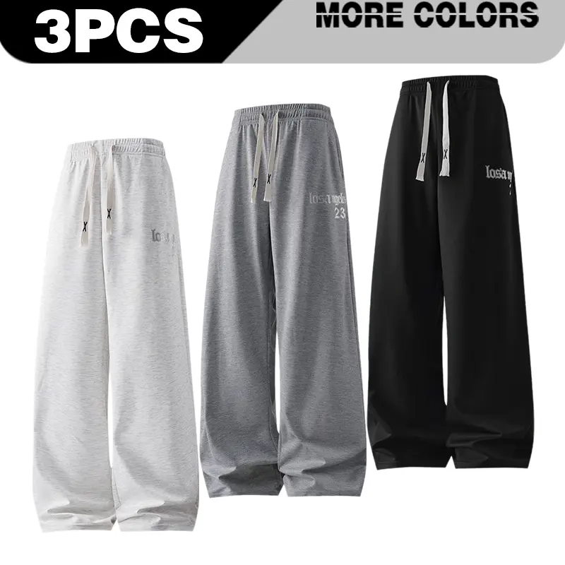 Summer new men's wide leg sports pants with drape, skin friendly, breathable, loose, straight leg, lazy style letter printed casual pants