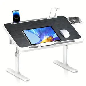 Black Folding Laptop Bed Desk with USB Light, Mini Fan, Storage Drawer & Non-Slip Tray | Eco-Friendly Wooden Study Desk, Modern Nightstand for Bedroom, Dorm, Home Office