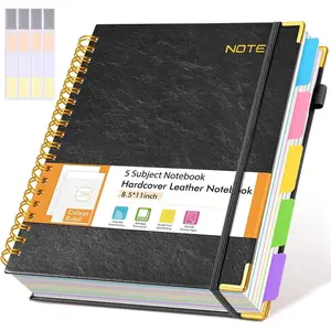 Large Hardcover Spiral Notebook 8.5" x 11" 300 Pages with Removable Divider Tabs, 5 Subject College Ruled Leather A4 Journal for Work School Note Taking, Black