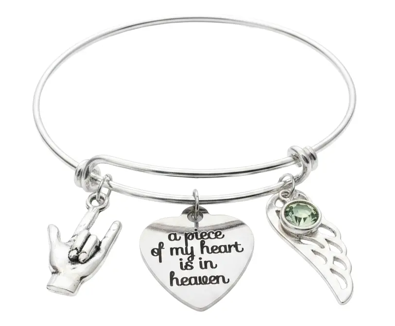 "A Piece of My Heart Is in Heaven" Silver Memorial Charm Bracelet – ASL I Love You Hand Sign, Angel Wing & Birthstone | Personalized Sympathy Gift for Loss