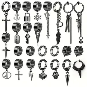Clip on Earrings for Men Stainless Steel Cross Chain Dangle Earrings Black Fake Earrings for Men Women Non Pierced Huggie Hoop Earrings Set Daily