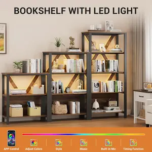 3/4/5 Tier Book Shelf with LED Lights, Grey Industrial Metal Display Book Case, Open Book Shelf Organizer, Tall Bookshelf, Heavy Duty Storage Bookcase for Bedroom Office Living Room