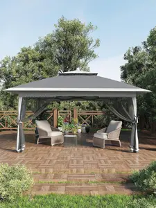 grey- 13'' X 13'' Hardtop Gazebo Patio Wide Aluminum Frame Metal Double Roof Outdoor Patio Gazebo,Outdoor Canopy Tent With Mosquito Netting,Backyard Tent For Shade And Rain For Lawn, Garden, Backyard