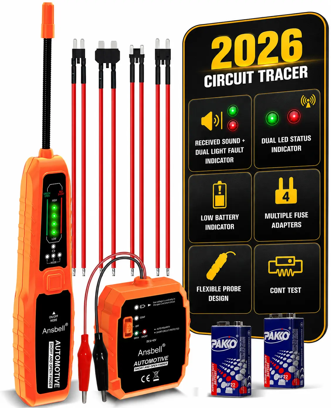2026 New Upgraded Automotive Circuit Tracer & Short/Open Finder – DC 6–42V Professional Electrical Wire Tracer with Flexible Probe, Red/Green LED & Fuse Adapter Kit, Automotive Diagnostic Tool for Cars, Trucks, RVs & DIY Repair