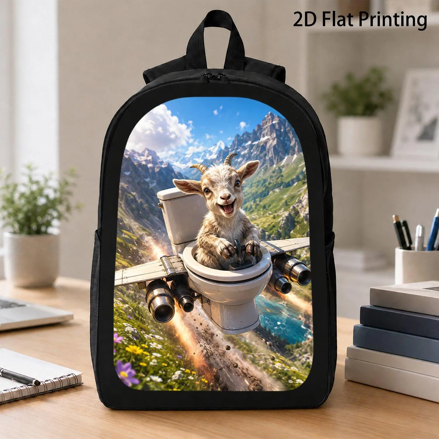 Funny Animal Graphic Backpack, Happy Baby Goat Piloting Jet Toilet Over Alpine Mountain Valley, 2D Flat Printing Travel Laptop Backpack, Large Capacity Casual Daypack