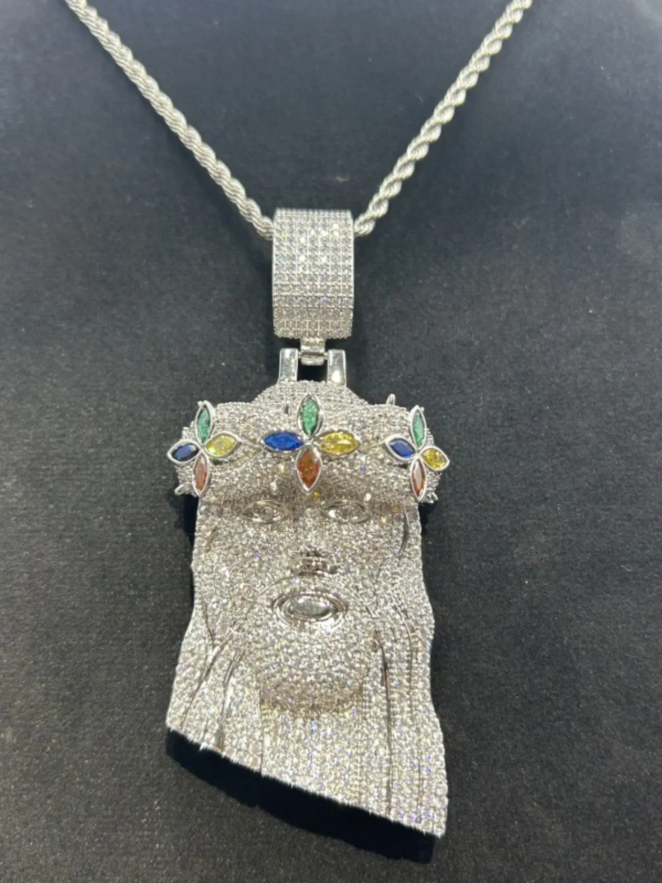 Hip Hop Iced Out Jesus Fashion Necklace for Men Women - 14K White Gold Plated Full CZ Diamond Jesus Face Pendant with Multicolor Gem Crown, Sparkly Cubic Zirconia Religious Christian Jewelry, Rapper Style Gift Pendant Necklaces, Faith Style Necklaces