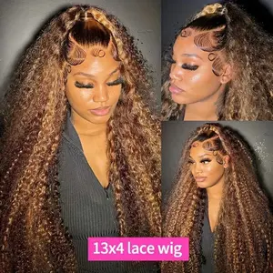 Daules 13x4 Highlight Ombre Deep Wave Afro Curly Transparent Lace Front Wigs Human Hair P4/27 Colored Honey Blonde Pre Plucked 180% Density With Baby Hair