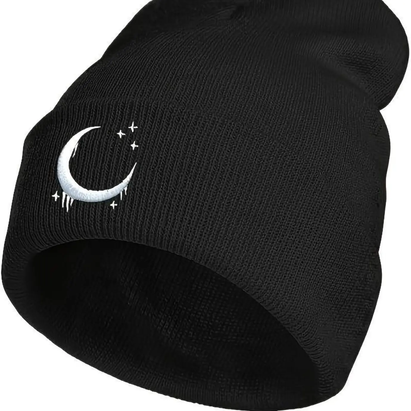 Unisex Gothic Beanie, Warm Knitted Skull Cap with Crescent & Stars Embroidery for Winter Casual Fashion, Knit Fabric, Embroidered Motif, Gothic Look, Thermal Knit Hats