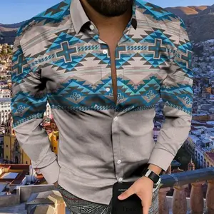 Men's long sleeve button down leisure shirt with Aztec print for club wear
