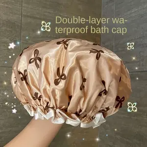 Double Layer Shower Cap with Floral Bow Design, Elastic Adjustable Hair Protection, Reusable Polyester Material, Home Use Essential Bathroom Accessory, Shower Essentials