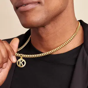 Gold Initial Necklace,14K Gold Plated Round Letter Pendant Hollow Capital Monogram 5mm Cuban Chain Necklace Alhpabets from A-Z Dainty Jewelry for Women Men