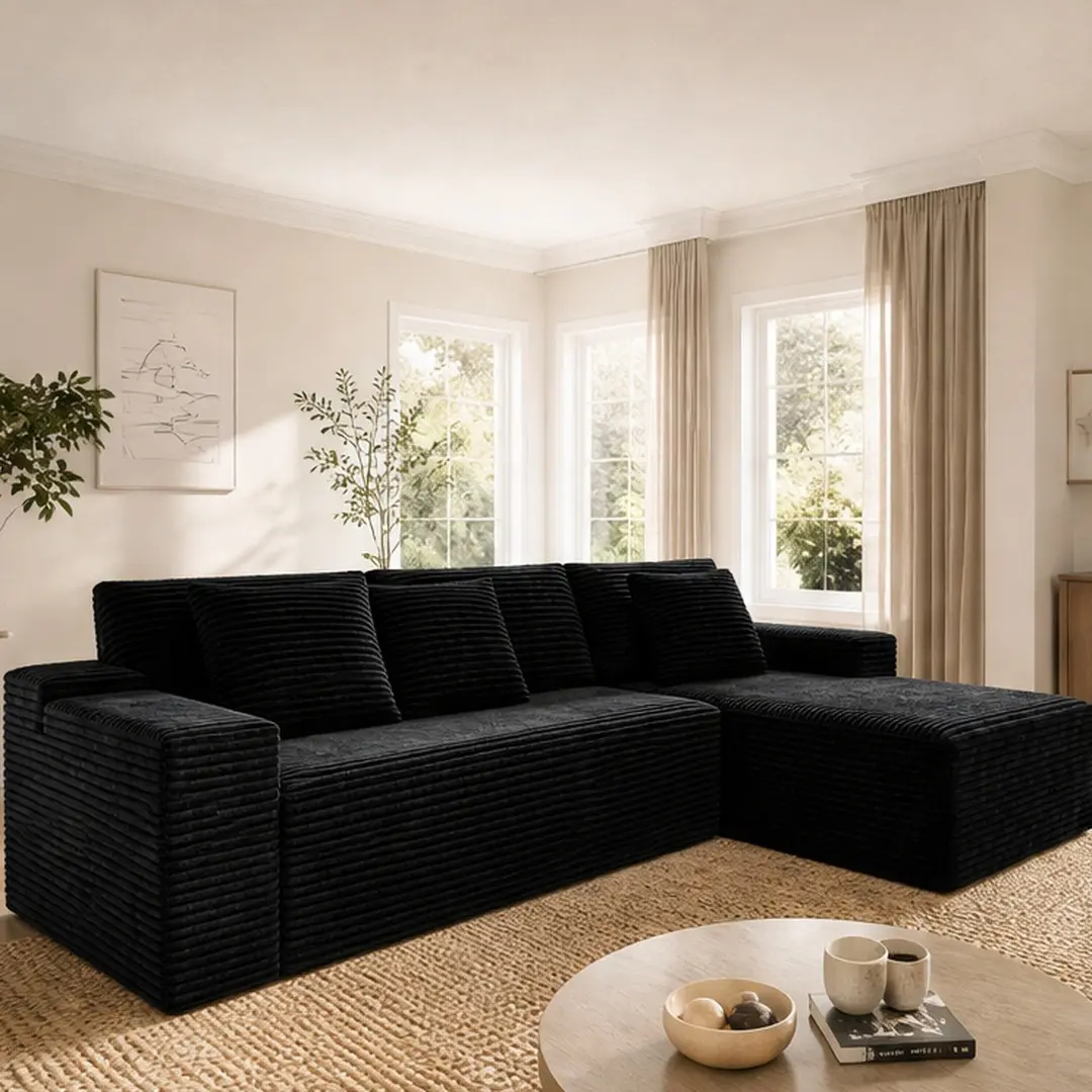 ARCH Reversible 3-Seater Modular Sectional Sofa with Comfy Couch Chaise Lounge, Plush Corduroy Upholstery, Polyurethane Foam Cushions, Unboxed Fully Assembled Compressed Indoor Furniture, 104.3" W x 68.9" D, 103.62 lb, for Living Room, Three-Seater