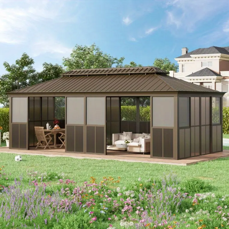 12x10ft-12x24ft Patio Sunroom All-Season Aluminum Hardtop Gazebo with Sliding Doors & PE Screen Windows Solarium Double Galvanized Steel Roof Outdoor Canopy Shelter Sunshade Canopy