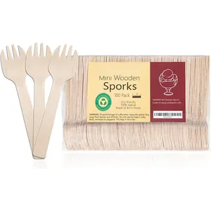 Mini Wooden Sporks Disposable 4" Small Wooden Forks 100 count Biodegradable Compostable Birchwood Mini Forks for Parties, Weddings, Camping