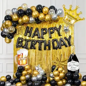 Black and Gold Happy Birthday Decorations for Men with Banner, Fringe Curtains Foil Balloons, Balloon Kits for 21st,25th 27th 30th 35th 40th 50th 60th Birthday Decorations