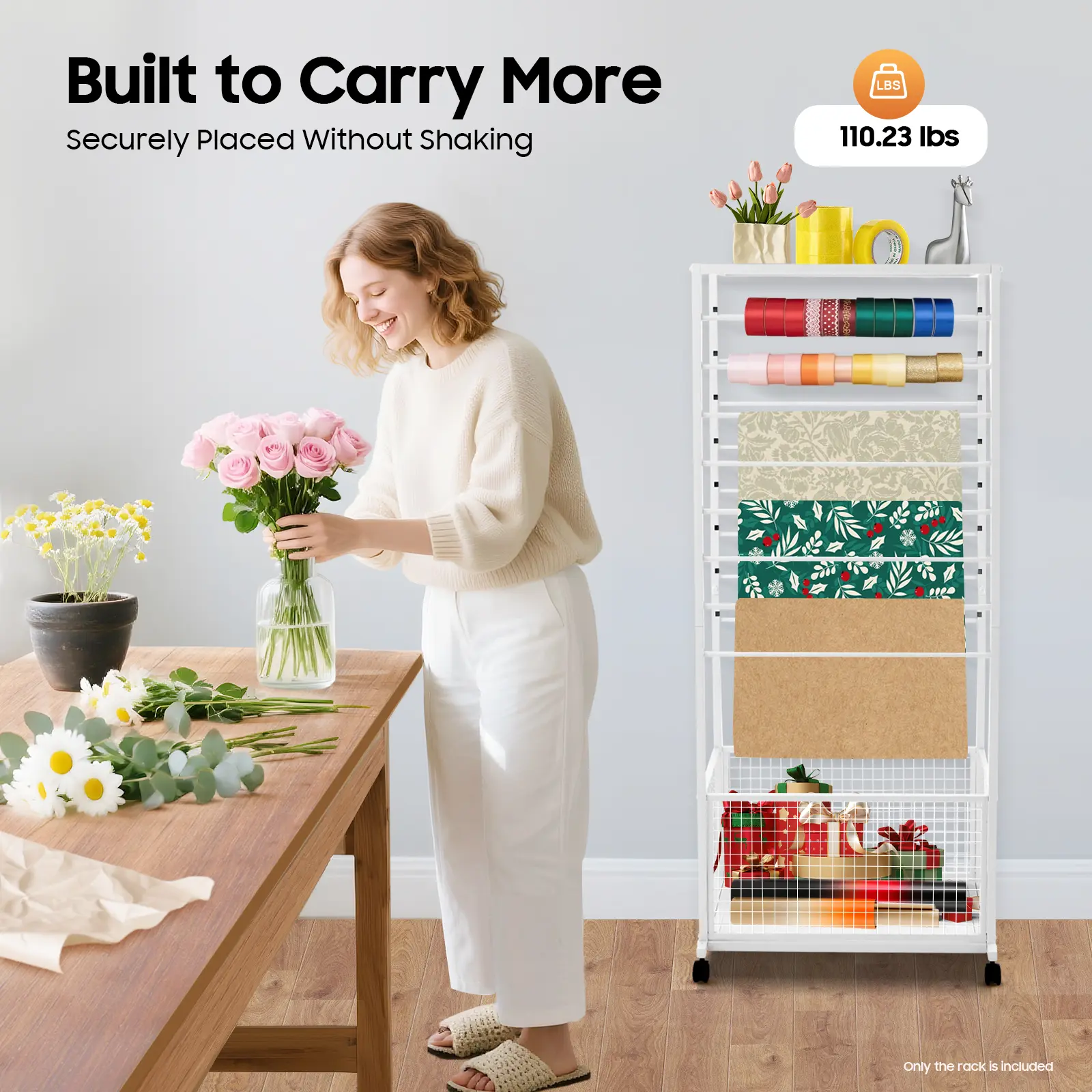 Adjustable Ribbon Storage Rack - Rustproof Iron Baking Organiser with Top Shelf, Bottom Basket, Casters, Assembly Guide, 50kg Load Capacity for Flower Shop, Craft Room, Fabric Shop (Paint Storage Compatible)