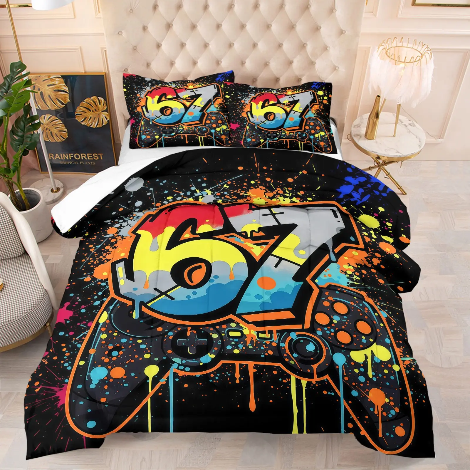Game Console Graffiti Design Pattern Comforter Set, Soft And Comfortable Bedding Set, Comfy Bedding Sets (1 Comforter + 1/2 Pillowcase, No Pillow Core), Suitable For Teenagers, Adults, Bedroom, Dormitory & Apartment