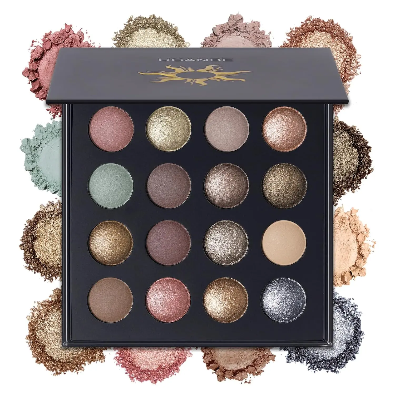 UCANBE Baked Cosmetic Eyeshadow Palette with Hidden Gems, 16 Nude Matte/Glitter/Metallic Shades, Pigment-Rich, Color-Intense, Long-Lasting for Summer Makeup Eyeshadow Use, 16 Shades