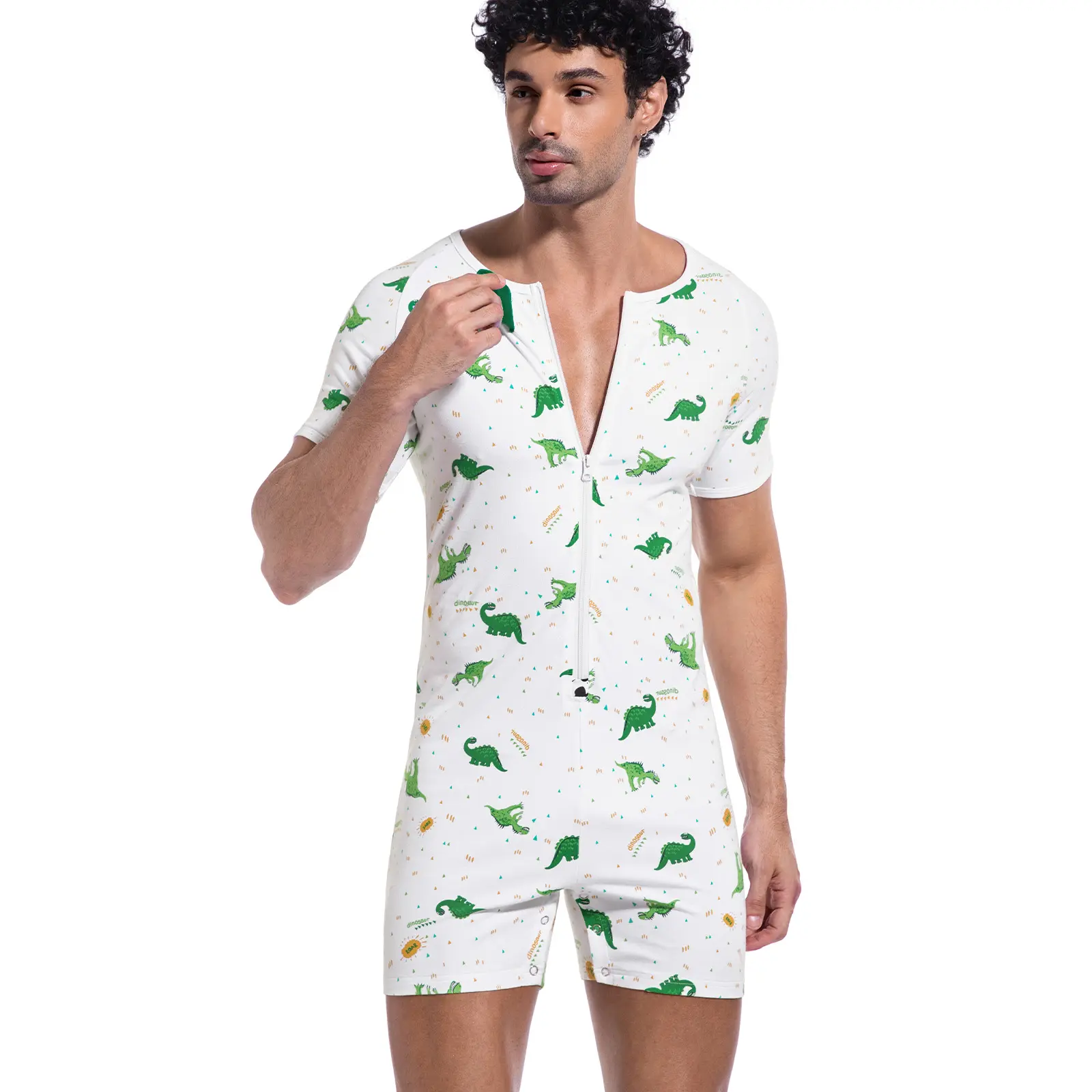 Landofgenie Men's Green Dinosaur Print Short-Sleeve Jumpsuit, Cotton-Spandex Crew Neck Bodysuit, Casual Loungewear & Sleepwear Pajamas Onesie with Relaxed Soft Breathable Fit Classic Menswear Overalls Rompers