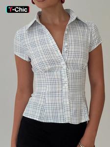 women's plaid print curved hem short sleeve blouse, casual bishop sleeve collared top for summer, ladies clothes for daily wear, womenswear