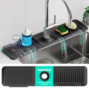 24x5.5 Inch Longer Faucet Mat for Kitchen Sink 5°Slope Fast Self-draining Silicone Splash Guard Black Durable Flexible Sustainable Cleaners