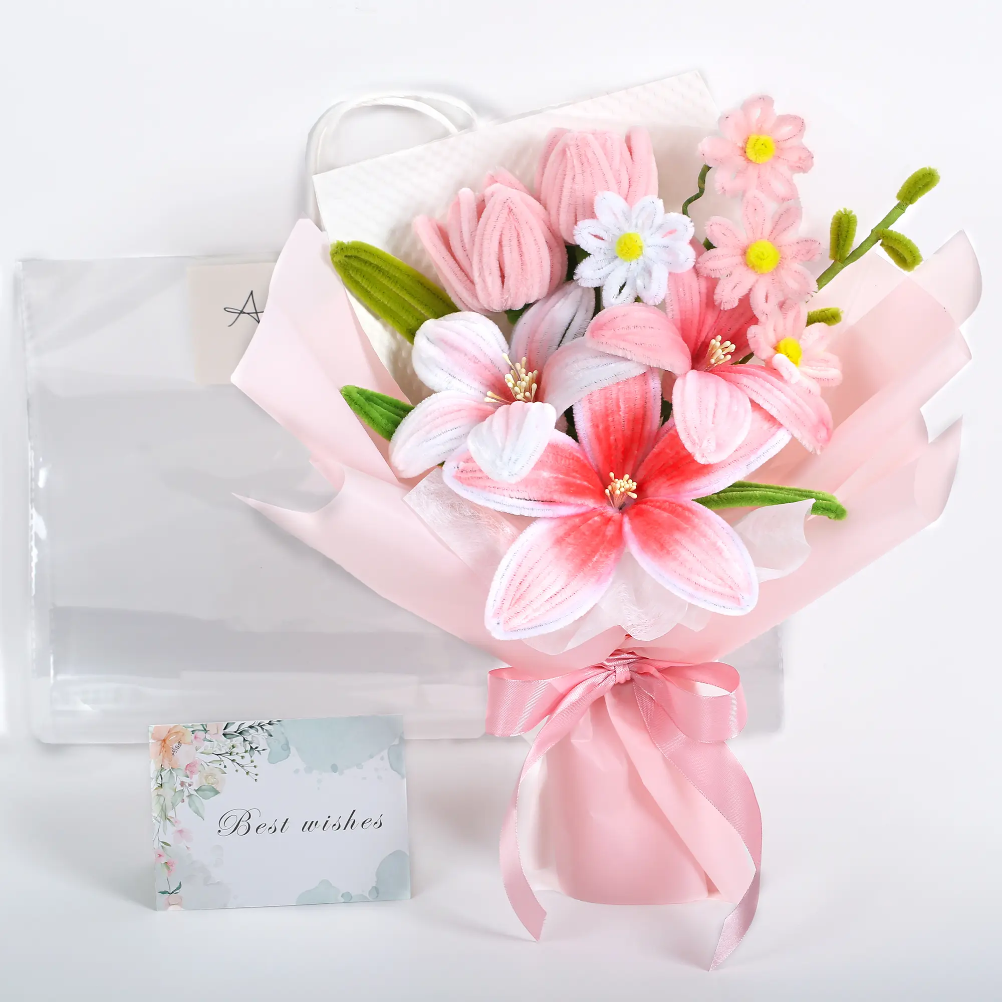 Completed Handmade Pipe Cleaner Flower Bouquet - Decorative Faux Flower Tulip, Lily & Daisy Arrangements, Floral Decor Gift for Women, Home Decor, Valentine’s Day