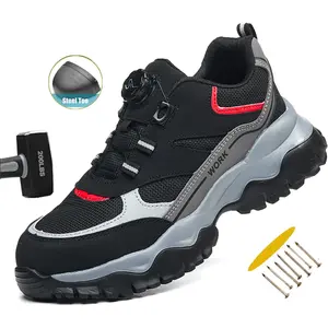 Men Steel Toe Safety Work Shoes Mesh Breathable Lightweight Comfortable Industrial Construction Shoes Puncture Proof Anti slip Rotary Buckle Shoes
