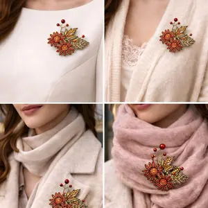 Autumn Floral Brooch, Vintage Flower Brooch Pin, Fall Leaf Brooch, Statement Jewelry for Blazer, Elegant Gift for Her, Botanical Brooch