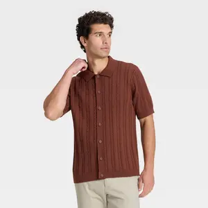 Men's Short Sleeve Cable Full Button Sweater - Goodfellow & Co Brown XL
