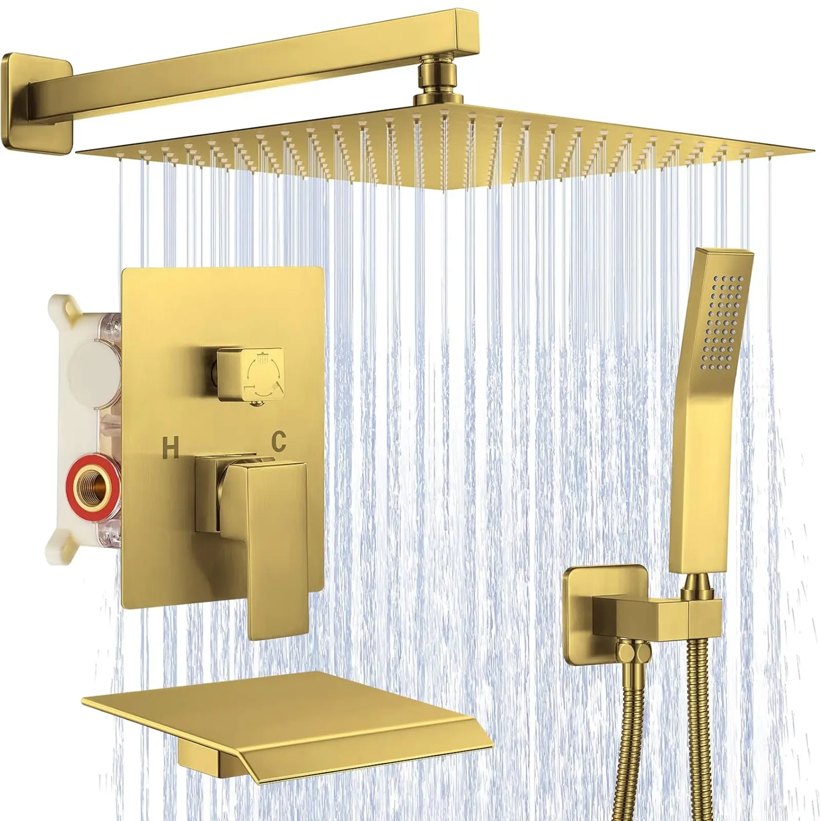 Senlesen Brushed Gold Shower Faucet Set with Tub Spout 10 Inch Rain Shower Head and Handle Set, Tub and Shower Faucet Combo, Rain Shower and Handheld Shower System Square Wall Mount for Bathroom
