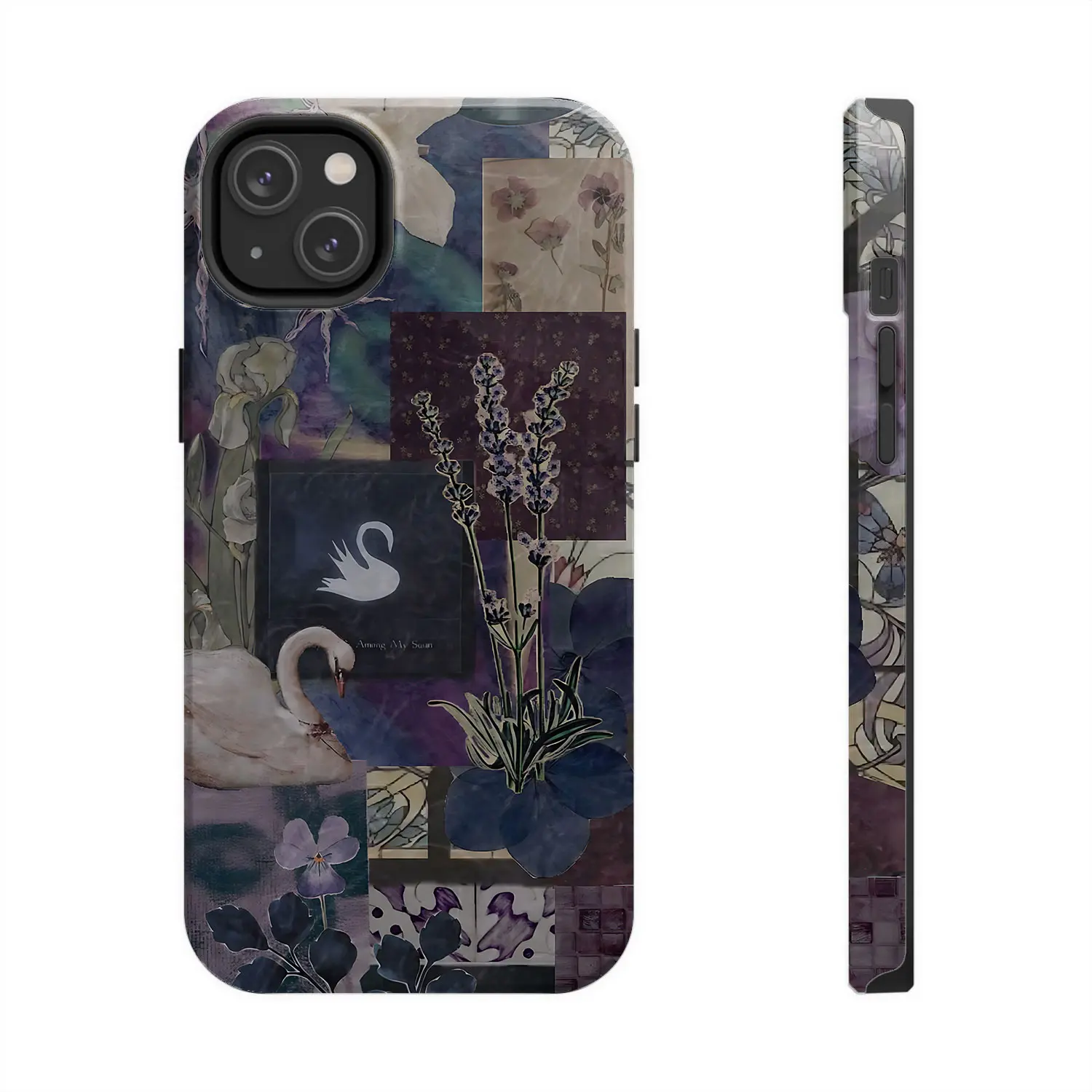 Dark Cottagecore Swan Aesthetic Phone Case, Deep Purple & Blue Botanical Collage Phone Case for iPhone 17 16 15 14 13 12 11 Pro Max XS, Gothic Floral Collage Tough Case, Waterproof, Dark Academia Botanical Gift for Women & Men Phone Cover