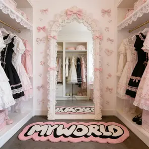 Wave Edge Myworld Letter Carpet, Anti-Slip Dessert Shop Bar Mat, Lolita Style Entrance Decorative Rug, High Stretch Easy Clean Plush Pad