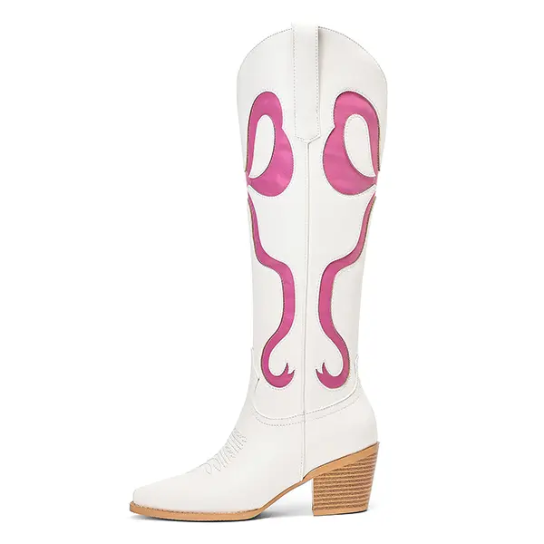 OAKUMSAS Women's White Cowboy Boots with Pink Bows Almond Toe Chunky Heel Knee-High Fashionable Boots for Women