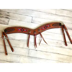 Red Beaded Inset Leather Tassel Concho Tripping Collar